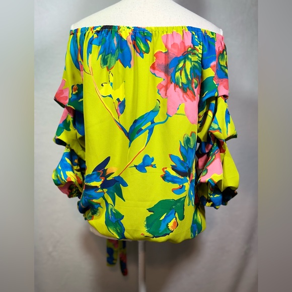 CeCe Off Shoulder Floral Blouse Women’s Size M Lime Green, Blue, and Pink - Picture 4 of 7